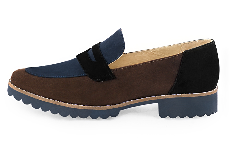 Dark brown, navy blue and matt black women's casual loafers. Round toe. Flat rubber soles. Profile view - Florence KOOIJMAN